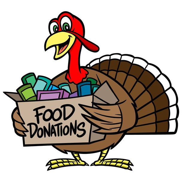 Donación de alimentos - Una ilustración de dibujos animados de un pavo sosteniendo una caja de donación de alimentos
. - Vector, imagen
