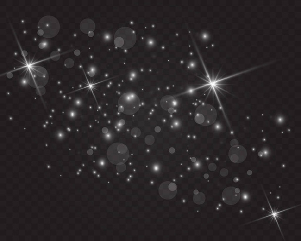 Pölyvalkoinen. Valkoiset kipinät ja kultaiset tähdet loistavat erityisellä valolla. Vektori kimaltelee läpinäkyvällä taustalla. Joulun abstrakti kuvio. Kuohuviini maaginen pöly hiukkasia
. - Vektori, kuva