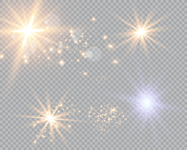 Poussière blanche. Des étincelles blanches et des étoiles dorées brillent avec une lumière spéciale. Le vecteur scintille sur un fond transparent. Modèle abstrait de Noël. Particules de poussière magiques étincelantes
. - Vecteur, image