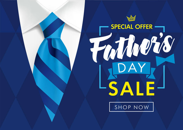 Рекламный плакат на День отца или баннер с полосатым голубым галстуком и мужским свитером. Специальное предложение шопинга и акции соблазняют на День влюбленных. Векторная иллюстрация
  - Вектор,изображение