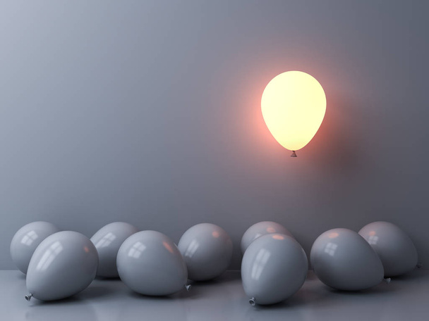Destaca entre la multitud y diferentes conceptos Un globo de luz que brilla y flota sobre otros globos blancos sobre fondo blanco de pared con reflejos de ventana y representación en 3D de sombras
 - Foto, Imagen