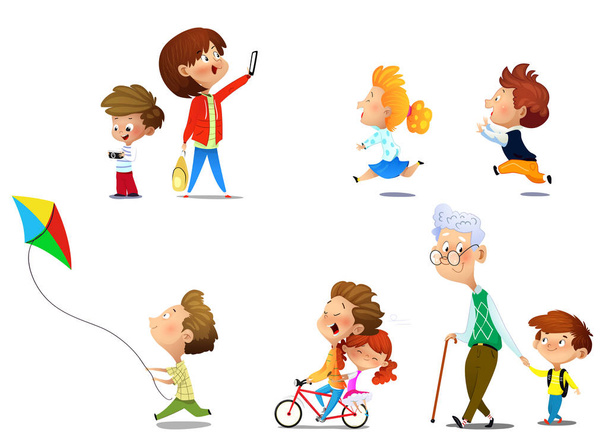 Kids playing in active games. Vector illustrations of funny children at playground - Vector, Image