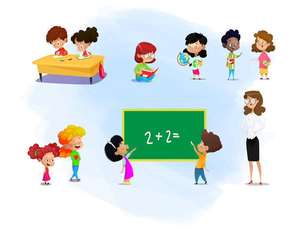 Σετ παιδιών και ο δάσκαλός τους με σχολικά εφόδια - Διάνυσμα, εικόνα