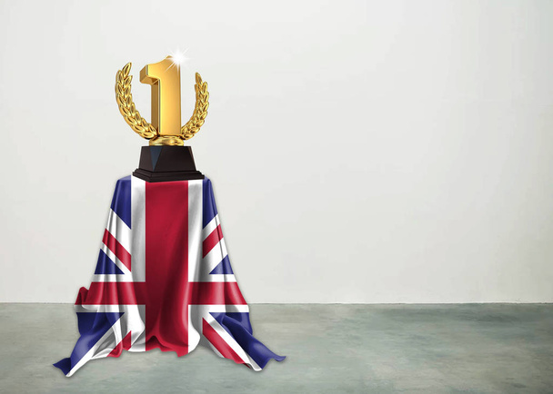 Britische Flagge auf Seidenstoff mit Goldenem Rang 1 auf dem Podium 3D Illustration - Foto, Bild