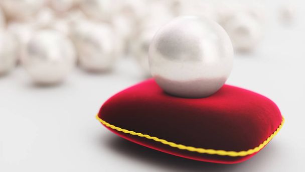 3D vykreslování Perlové na měkkém červeném sametovém polštáři se zlatým tahem. Krásná perla, drahé šperky pro ženy. Pozadí pluralita krásných perel, krásná lesklá mořská Perla - Fotografie, Obrázek