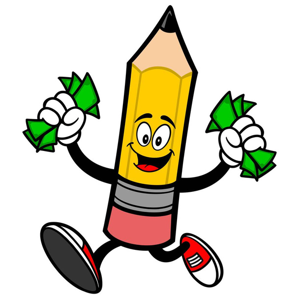 Bleistift läuft mit Geld - eine Zeichentrickillustration eines Bleistift-Maskottchens. - Vektor, Bild