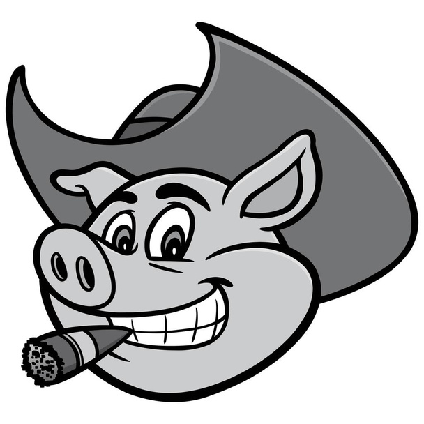Schwein mit Cowboyhut und Zigarren-Illustration - Zeichentrick-Illustration eines Schwein-Maskottchens. - Vektor, Bild