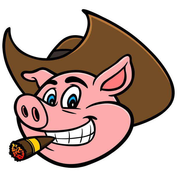 Schwein mit Cowboyhut und Zigarre - Zeichentrickfigur eines Schweinemaskottchens. - Vektor, Bild