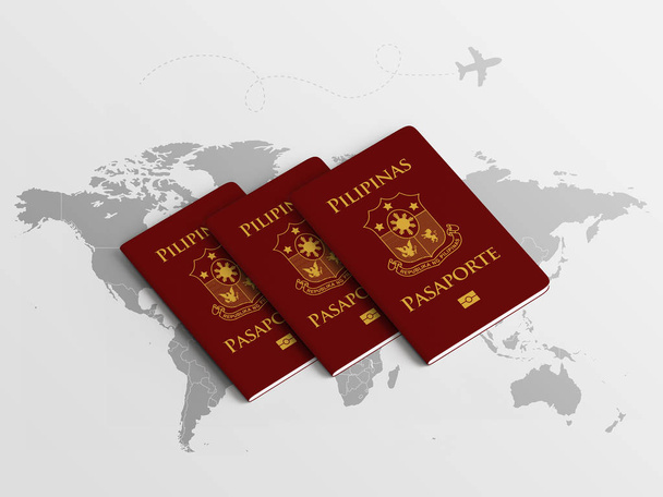 Filipíny Rodinné cestovní pasy na pozadí mapy světa - 3D ilustrace - Fotografie, Obrázek