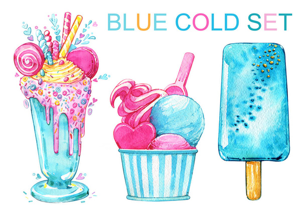 Fagylaltkoktél Popsicle kék nyári ízletes akvarell szett - Fotó, kép