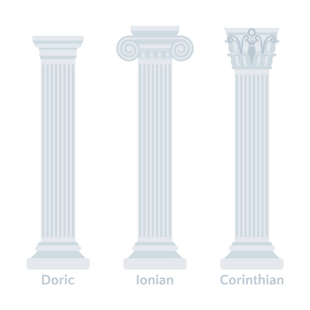 Antiikin Kreikan sarakkeet tasainen kuvakkeet. Tyypit Doric, Joonianmeren, Korintin vektori kuva
 - Vektori, kuva