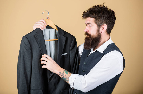 Tailoring and clothes design. Perfect fit. Custom made to measure. Tailored suit concept. Designing made to measure suit. Custom made suit. Man bearded fashion couturier tailor. Elegant custom outfit - Foto, Bild