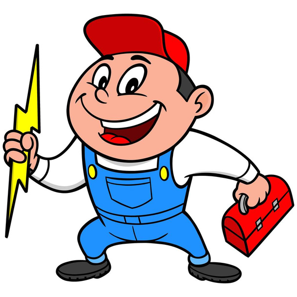 スピーディ電気技師 - 電気のボルトを持つ便利な男の漫画のイラスト. - ベクター画像