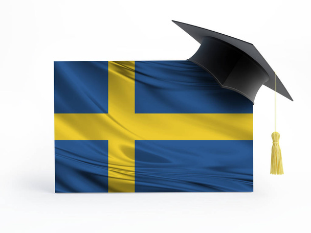 Graduation cap on Sweden flag - Studeren in het buitenland Isolated 3D Illustration - Foto, afbeelding