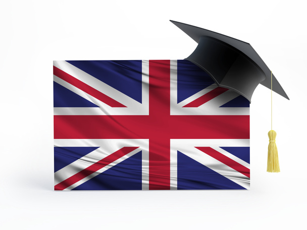 Graduation cap on UK flag - Tanulmány külföldön Izolált 3D illusztráció - Fotó, kép