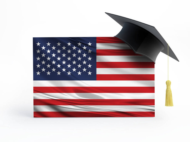 Graduation cap on USA flag - Study abroad Isolated 3D Illustration - Photo, Image