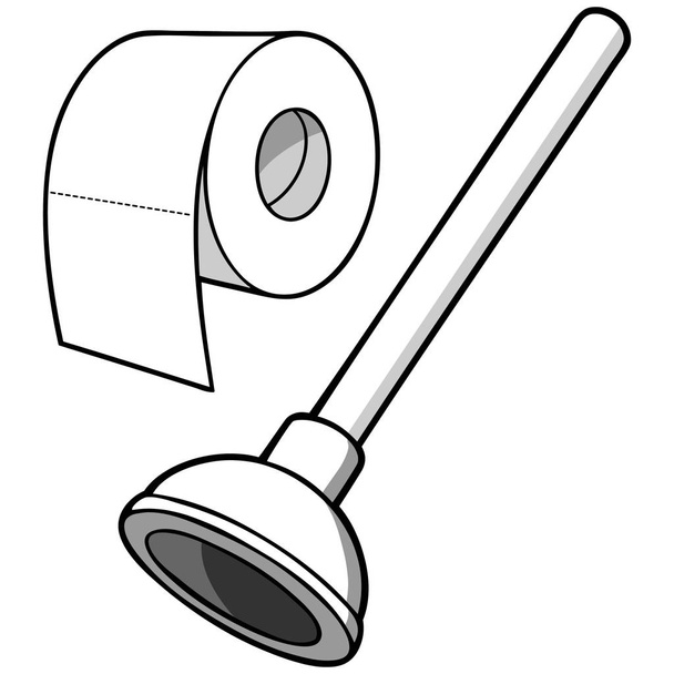Papier toaletowy i tłok-ilustracja z kreskówek rolki papieru toaletowego i tłoka. - Wektor, obraz