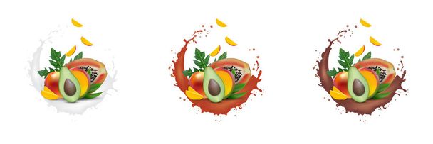 Ad 3d promotion banner, Realistic mango, avocado, papaya with fa - Vector, Image