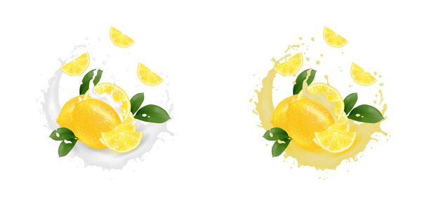 Reális 3D citrom gyümölcslé splash. Tej kerek csobbanás. Design - Vektor, kép