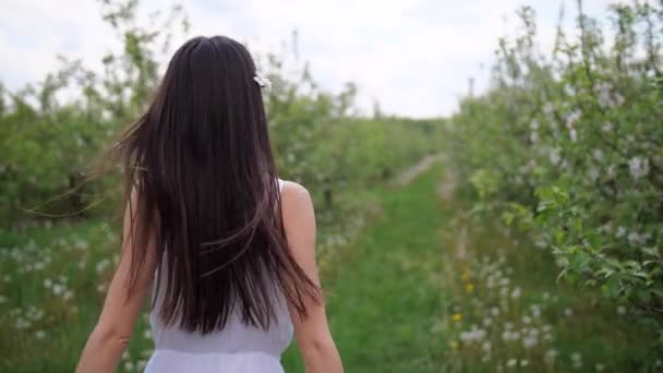 Brunette feminino caminhando entre árvores floridas
 - Filmagem, Vídeo