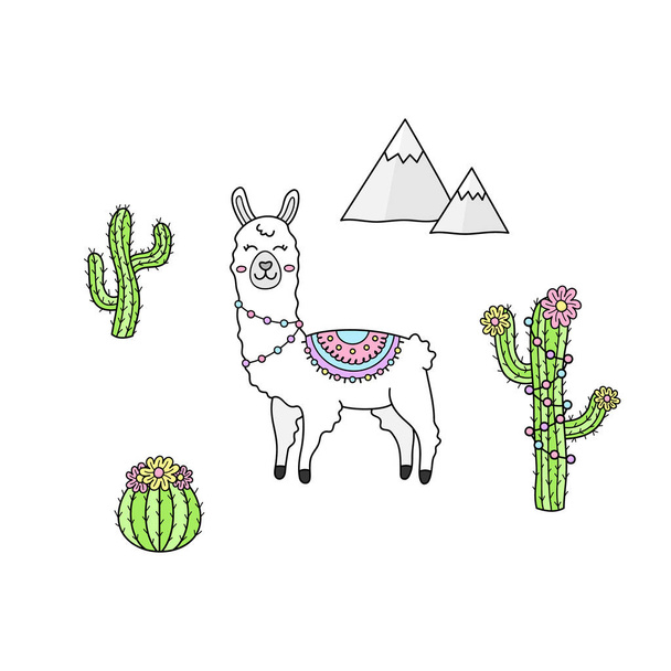 Collection de lama dessinée à la main. Lama blanc ou alpaga avec couverture à franges à motifs. Illustrations vectorielles de lama animal, plantes de cactus et montagnes. Isolé
. - Vecteur, image