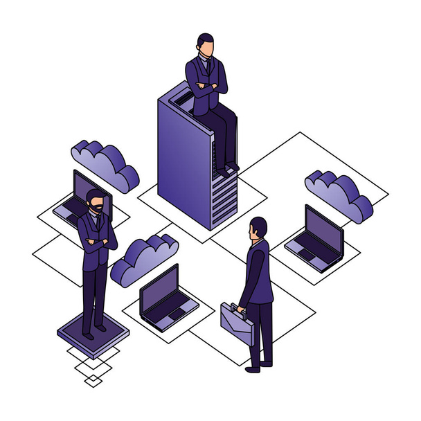 hommes d'affaires avec le travail d'équipe et les données du serveur icône isométrique
 - Vecteur, image