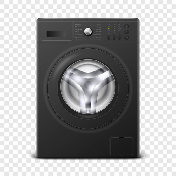 Vector 3d Realistic Modern Black Steel Washing Machine Icon Closeup Isolated on Transparent Background. Design Template of Wacher. Front View, Laundry Concept - Vettoriali, immagini