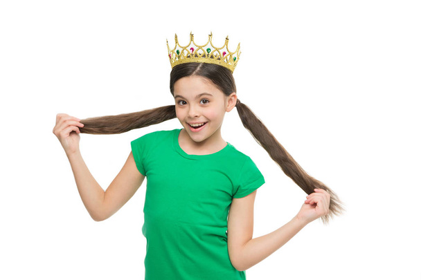 Every woman is princess. Kid wear golden crown symbol of princess. Girl dreaming become princess. Lady cute little princess. Royal concept. Child development and upbringing. Privilege elite school - Zdjęcie, obraz