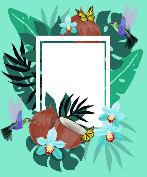 Nyári háttér kolibri, kókusz, pillangók és kék orchidea. Virágos váz kis kolibri repülő közelében virágok. Vektor plakát. - Vektor, kép