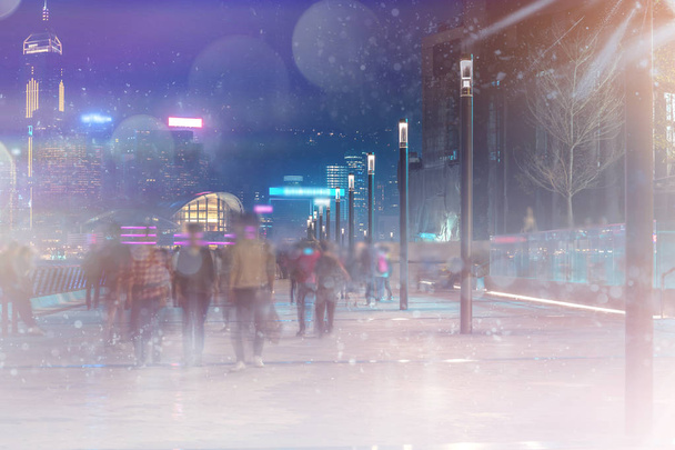 Abstrakcja kolorowy bokeh z nocnym tłem miasta. Podwójne Expos - Zdjęcie, obraz