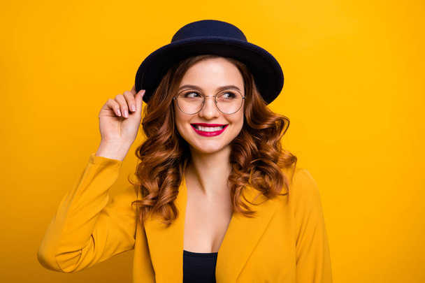 Close-up portrait of her she nice charming cute winsome attractive lovely sweet luxury chic cheerful wavy-haired lady wearing yellow blazer isolated on bright vivid shine orange background - Foto, Bild