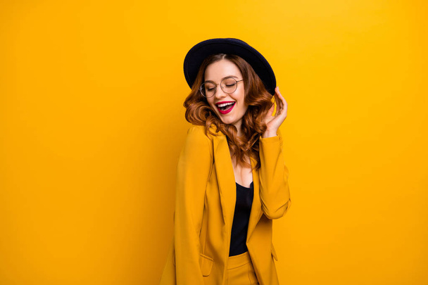 Portrait of her she nice-looking charming cute attractive lovely lovable fascinating fashionable chic cheery wavy-haired lady having fun enjoying time isolated on bright vivid shine orange background - 写真・画像