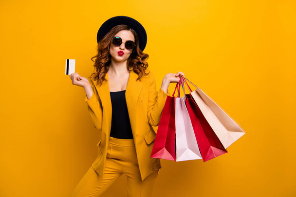 Close up photo beautiful she her lady hands arms credit plastic card many packs buyer vacation traveler sale discount rich person wear specs formal-wear suit isolated yellow bright background - Photo, Image