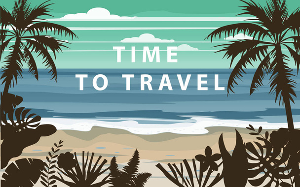 Tiempo para viajar Vacaciones de verano paisaje marino paisaje marino mar playa, costa, hojas de palma. Retro, hojas tropicales, palmeras, plantilla, vector, pancarta, cartel, ilustración, aislado
 - Vector, imagen