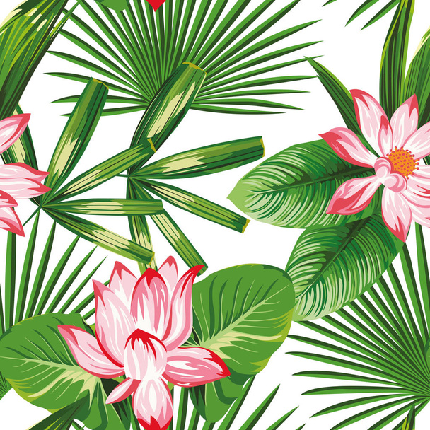 Padrão sem costura botânica rosa lótus folhas verdes backgro branco
 - Vetor, Imagem