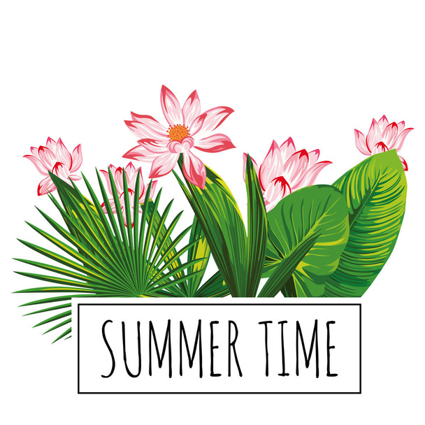 Botanical composition slogan summer time pink lotus green leaves - Вектор,изображение