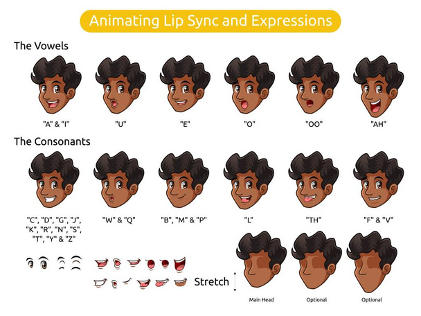 Homem com cabelo encaracolado desenho do personagem dos desenhos animados para animar a sincronização labial e expressões, ilustração vetorial
. - Vetor, Imagem