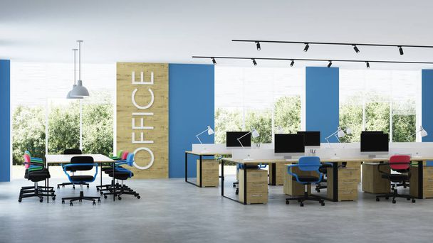 Modern kantoor interieur. Openspace. 3D-rendering. - Foto, afbeelding