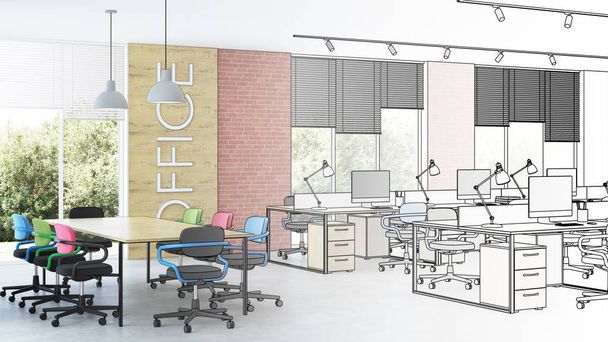 Modern office interior. Design project. Sketch. 3D rendering. - Photo, Image