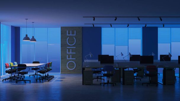 Modern kantoor interieur. Avondverlichting. Nacht. 3D-rendering. - Foto, afbeelding