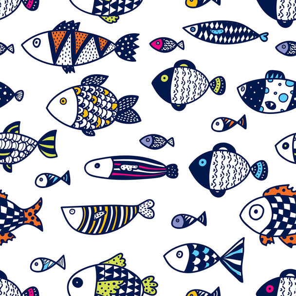 かわいい魚だ。子供の列の背景。シームレスなパターン。繊維業界、紙、背景、スクラップブッキングで使用できます. - ベクター画像