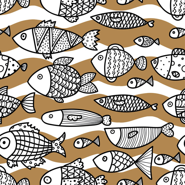 Линейная декоративная рыба на золотых волнах. Бесшовный узор может быть использован для обоев, наполнителей узоров, фона веб-страницы, текстур поверхности
. - Вектор,изображение