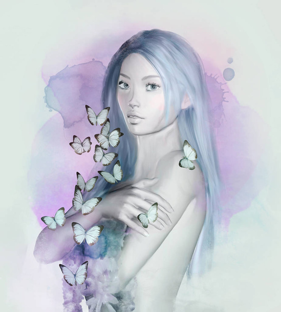 Beautiful fantasy girl with flowers and butterflies, 3D illustration - Photo, Image