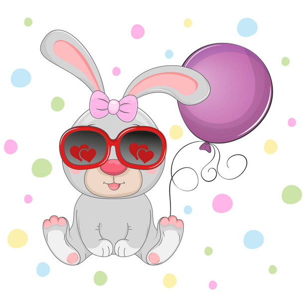 Beautiful cute cartoon bunny in sunglasses with purple balloon. - Vektor, obrázek