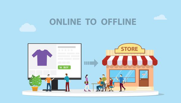 o2o en línea a fuera de línea e-commerce nueva tecnología de concepto con tienda y sitio web en línea de estilo moderno ilustración - vector - Vector, Imagen