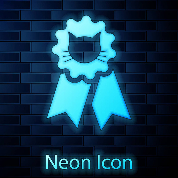 Planoucí neonová kočičí značka ikona, izolovaná na pozadí cihlové zdi. Medaile s ohledem na svou stopu. Vektorová ilustrace - Vektor, obrázek