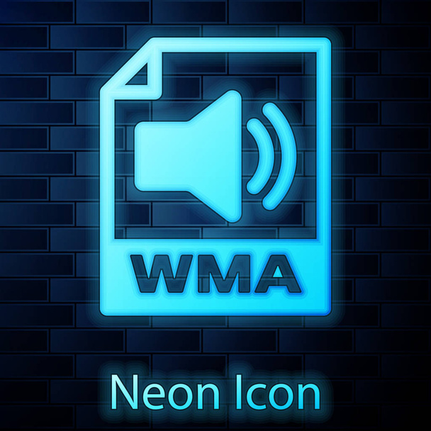 Zářící ikona v dokumentu s neonové soubory WMA Stáhnout ikonu WMA na pozadí cihlové zdi. Symbol souboru WMA. Symbol formátu WMA. Vektorová ilustrace - Vektor, obrázek