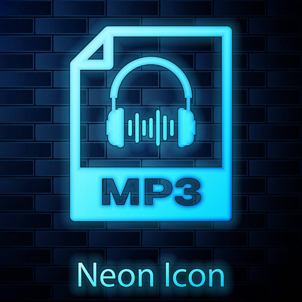Gloeiende neon MP3 bestand documentpictogram. Download mp3 knop icoon geïsoleerd op bakstenen muur achtergrond. MP3-muziek formaat teken. MP3-bestand symbool. Vector illustratie - Vector, afbeelding