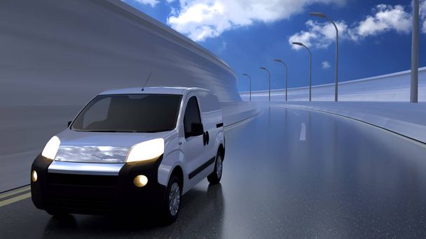 Witte bestelwagen op de snelweg. Vervoer en logistiek concept. 3d Illustratie - Foto, afbeelding