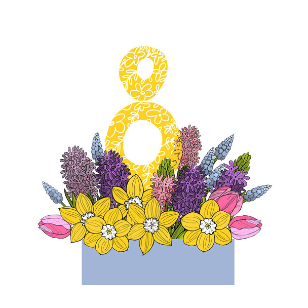 8 березня. Міжнародний жіночий день. Руки намальовані навесні квіти.  - Вектор, зображення